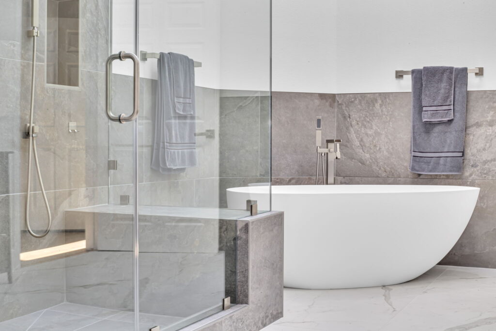Spa-inspired master bathroom remodel with freestanding tub and stone shower in La Jolla CA