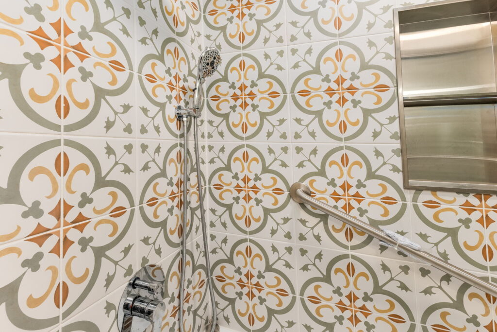 Designer tile shower in ADU bathroom remodel, Mission Hills San Diego by PBH Builders