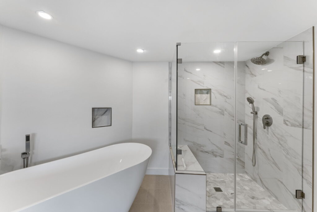 Marble walk-in shower and freestanding tub, luxury bathroom remodel San Diego