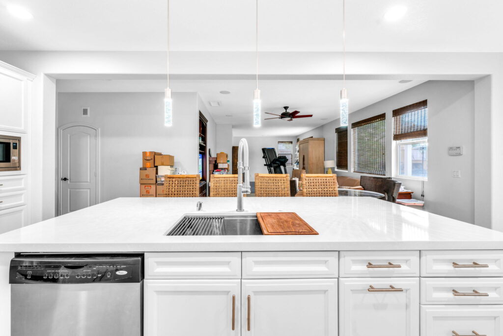 Open concept kitchen renovation with quartz countertops in Chula Vista CA