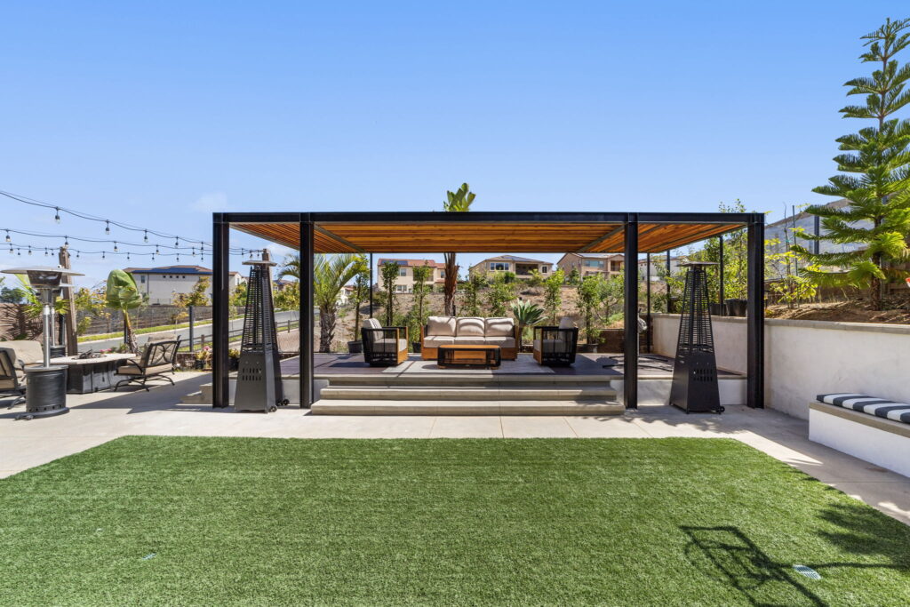 Backyard transformation with pergola, composite deck and artificial turf in Rancho Bernardo